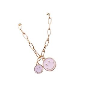 Gold Smiley Face Pendant Necklace – Light Pink Enamel Double Charm ✨